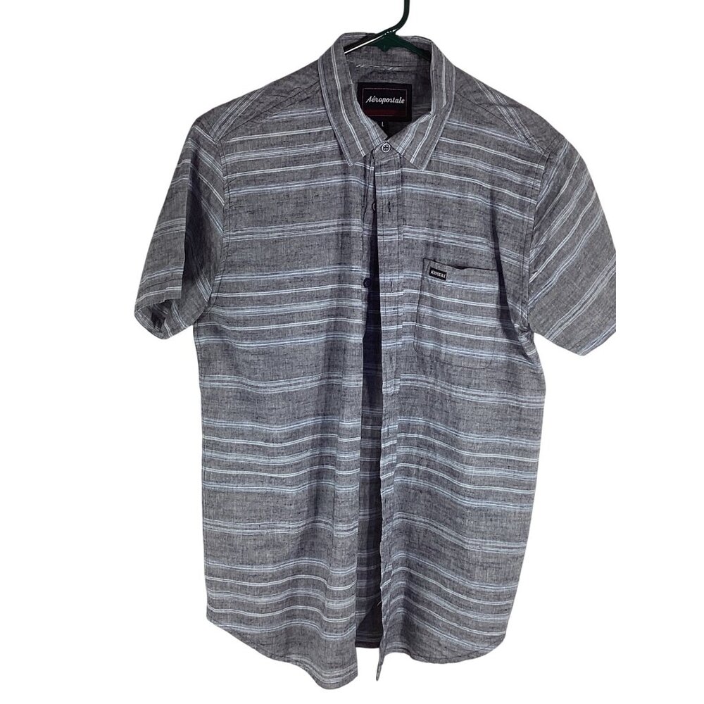 Aeropostale Mens Grey & White Striped Cotton Button-Up Short Sleeve Shirt*L*EUC